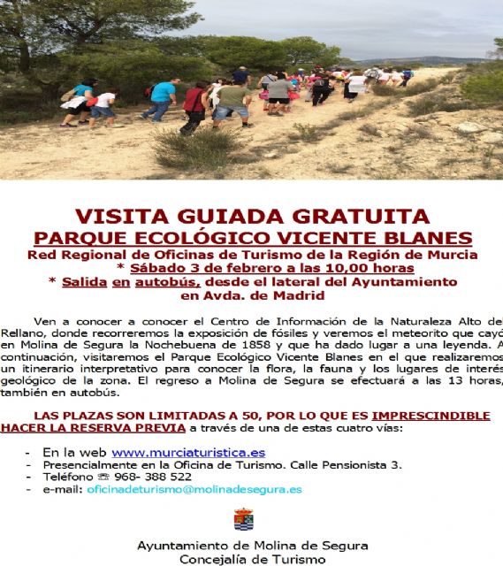 La Concejalía de Turismo de Molina de Segura organiza la visita guiada gratuita PARQUE ECOLÓGICO VICENTE BLANES el sábado 3 de febrero