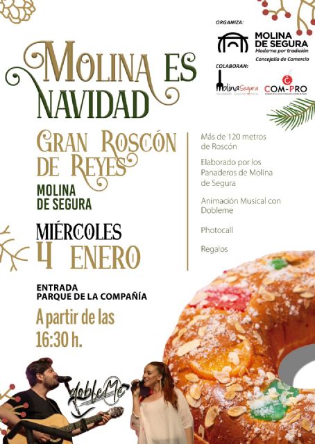 El Ayuntamiento de Molina de Segura invita a degustar  este jueves 4 de enero un gran Roscón de Reyes de 120 metros en la entrada al Parque de la Compañía