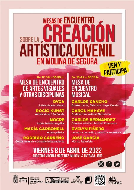 Las mesas de encuentro sobre la Creación Artística Juvenil en Molina de Segura se celebran el viernes 8 de abril en el Auditorio Virginia Martínez Fernández