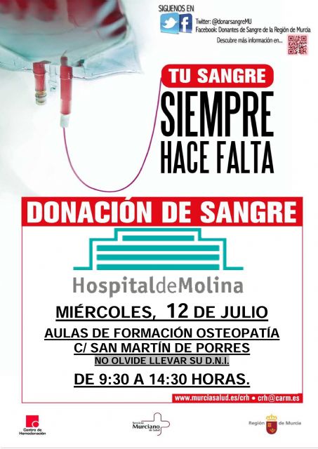 #tiposdesangre 12 de julio: Campaña de donación de sangre en el Hospital de Molina