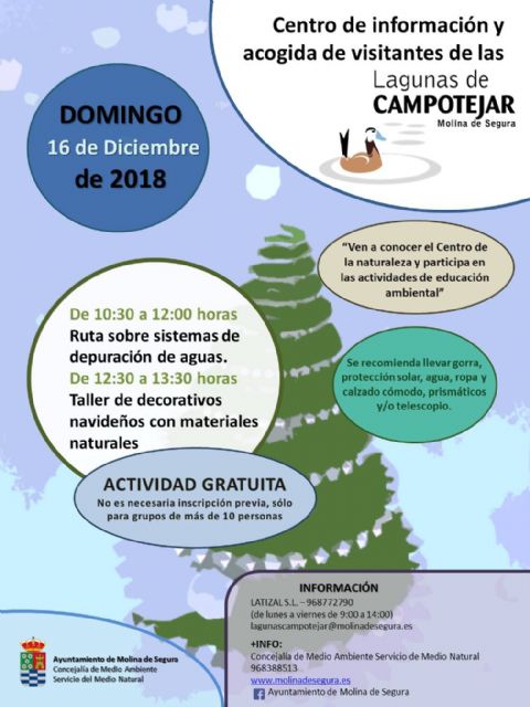 El Centro de Visitantes de Las Lagunas de Campotéjar  Salar Gordo de Molina de Segura invita a conocer los sistemas de depuración de aguas y sus usos el domingo 16 de diciembre