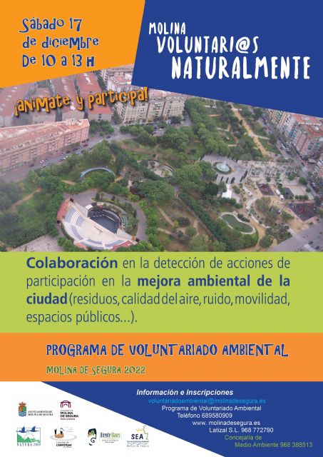El Programa de Voluntariado Ambiental ¡Molina, Voluntari@s Naturalmente! centrará su atención en la participación en la mejora ambiental de la ciudad el sábado 17 de diciembre