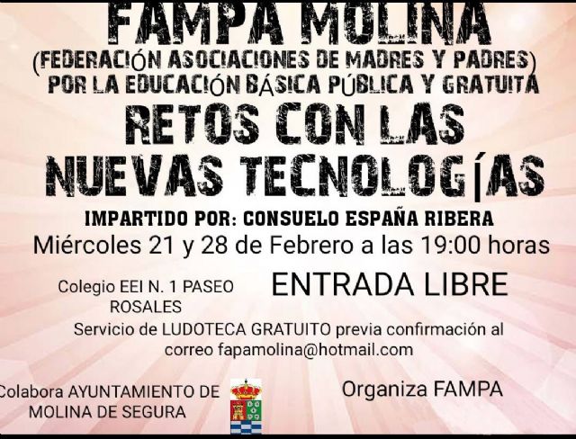 El Ayuntamiento de Molina de Segura colabora con la FAMPA en la organización de dos sesiones de su primera Escuela de Padres y Madres sobre Retos con las nuevas tecnologías los miércoles 21 y 28 de febrero