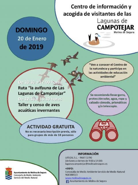 El Centro de Información y Acogida de Visitantes de Las Lagunas de Campotéjar  Salar Gordo de Molina de Segura organiza un taller y censo sobre aves acuáticas invernantes el domingo 20 de enero