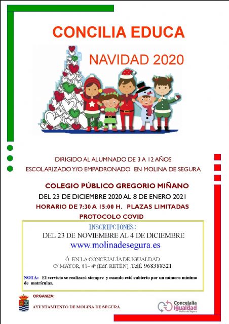 La Concejalía de Igualdad de Molina de Segura abre el plazo de inscripción para el Servicio Concilia Educa Navidad 2020