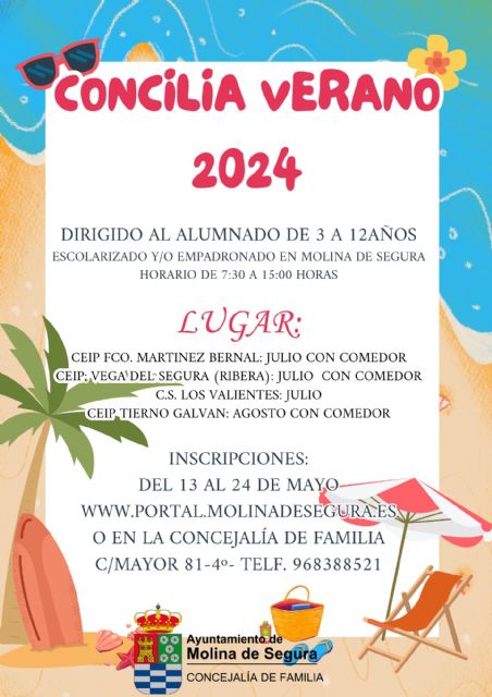 La Concejalía de Familia de Molina de Segura abre el plazo de inscripción para el Servicio Concilia Educa VERANO 2024