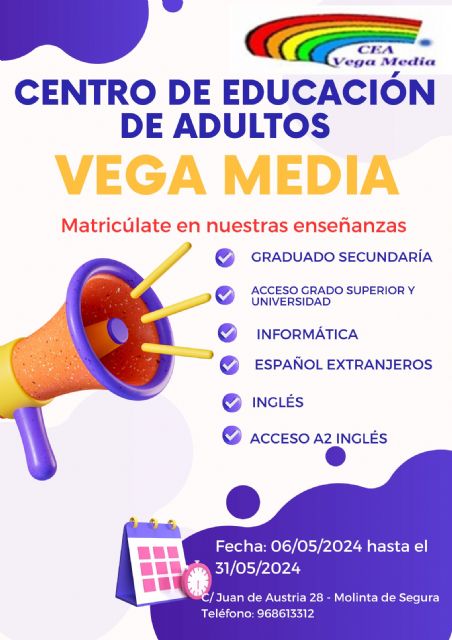 Abierto el plazo de solicitud de matrícula para el Centro de Educación de Adultos Vega Media de Molina de Segura hasta el día 31 de mayo