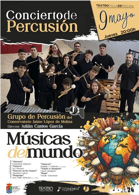 El Grupo de Percusión del Conservatorio de Música Maestro Jaime López ofrece el concierto MÚSICAS DEL MUNDO el jueves 9 de mayo en el Teatro Villa de Molina
