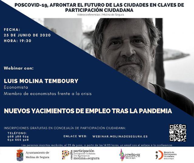 Luis Molina Temboury cierra las Jornadas de videoconferencias Poscovid-19, afrontar el futuro de las ciudades en claves de Participación Ciudadana en Molina de Segura el jueves 25 de junio