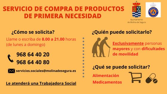 La Concejalía de Bienestar Social de Molina de Segura pone a disposición exclusivamente de las personas mayores o con movilidad reducida un servicio de apoyo para la realización de tareas básicas durante el estado de alarma por el COVID-19