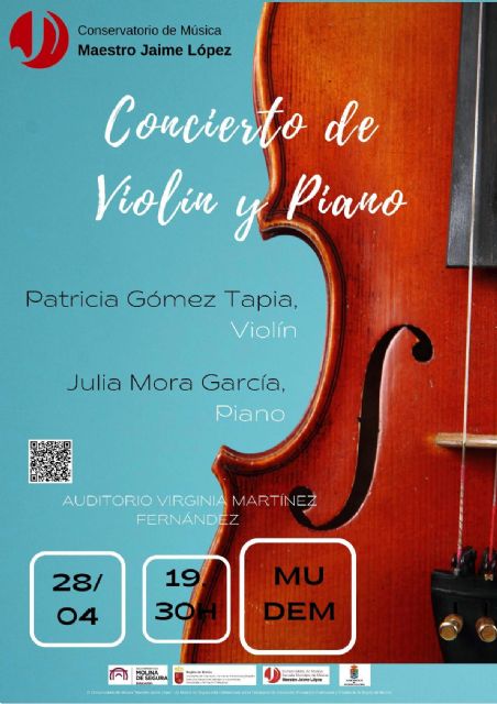Patricia Gómez Tapia y Julia Mora García ofrecen un concierto de violín y piano en el Auditorio Virginia Martínez Fernández de Molina de Segura el viernes 28 de abril