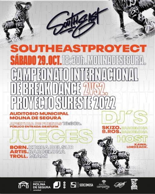 El Campeonato Internacional de Break Dance 2VS2, Proyecto Sureste 2022 se celebra en Molina de Segura el sábado 29 de octubre