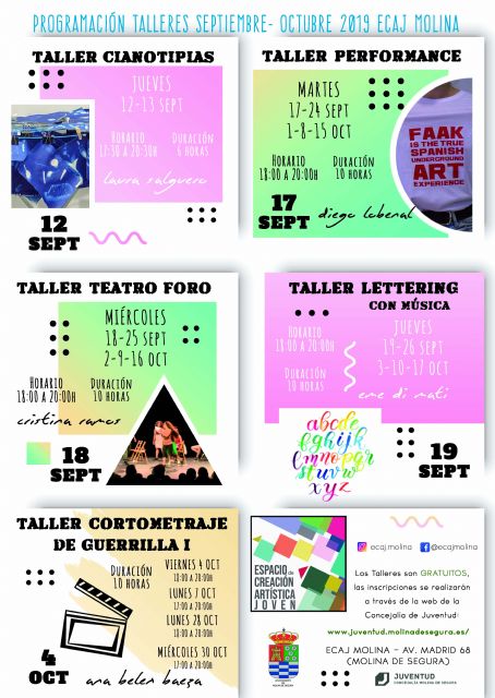 La Concejalía de Juventud de Molina de Segura pone en marcha cinco nuevos talleres en el Espacio de Creación Artística Joven durante los meses de septiembre y octubre de 2019