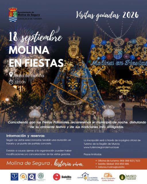 La Concejalía de Turismo de Molina de Segura organiza la visita guiada nocturna gratuita MOLINA EN FIESTAS el viernes 18 de septiembre