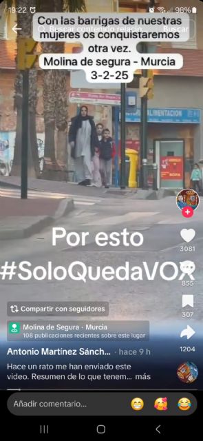 El PSOE de Molina de Segura denuncia el grave contenido xenófobo del vídeo difundido por el portavoz de VOX y primer teniente de alcalde