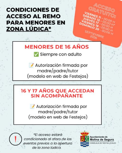 La Concejalía de Fiestas Locales informa sobre las condiciones de acceso de menores de edad a la zona de barras del REMO durante las Fiestas Patronales 2026 de Molina de Segura