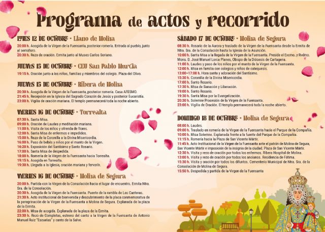 Molina de Segura se prepara para recibir la visita en peregrinación de la Virgen de la Fuensanta los días 12, 15, 16, 17 y 18 de octubre