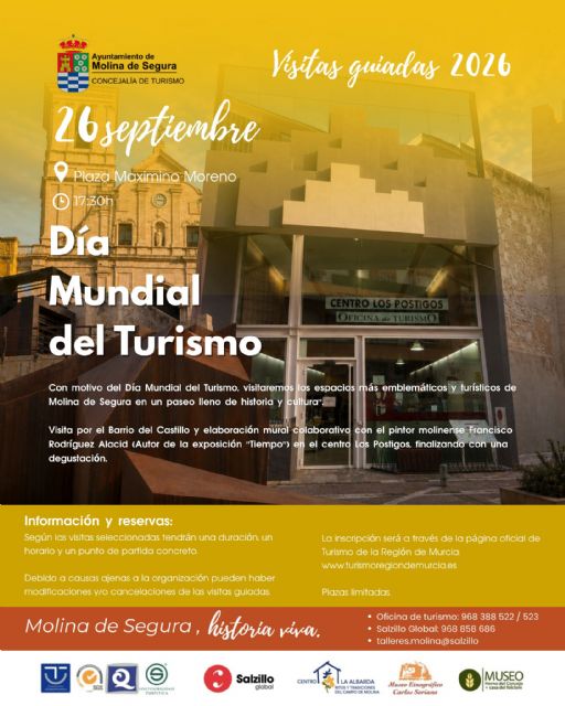 La Concejalía de Turismo de Molina de Segura organiza la visita guiada gratuita DÍA MUNDIAL DEL TURISMO el sábado 26 de septiembre