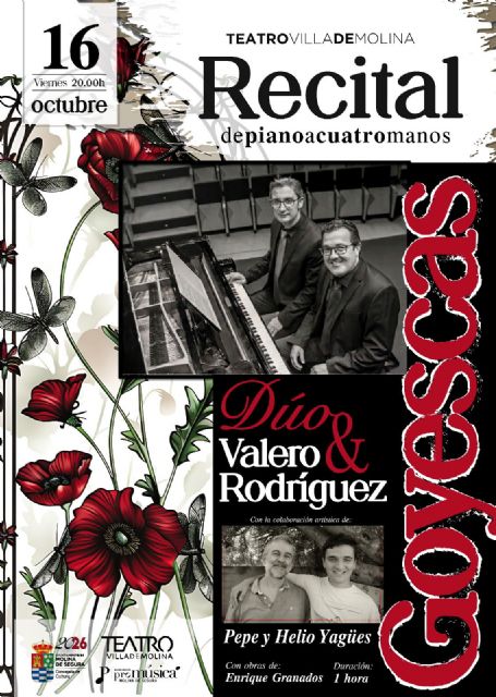El dúo formado por Pedro Valero y Miguel Ángel Rodríguez ofrece el recital de piano a cuatro manos GOYESCAS en el Teatro Villa de Molina el viernes 16 de octubre, con obras de Enrique Granados