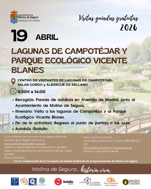 La Concejalía de Turismo de Molina de Segura organiza una visita guiada gratuita a Las Lagunas de Campotéjar y al Parque Ecológico Vicente Blanes el domingo 19 de abril