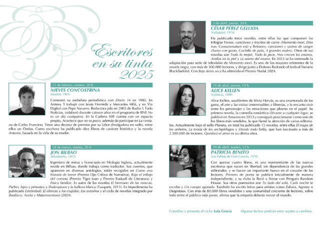 Nieves Concostrina, Jon Bilbao, César Pérez Gellida, Alice Kellen y Patricia Benito protagonizan el Ciclo Escritores en su tinta 2025 de Molina de Segura