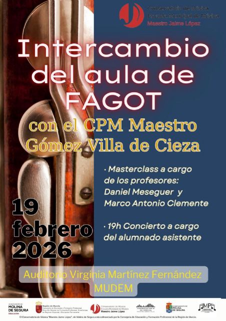 El Conservatorio de Música Maestro Jaime López de Molina de Segura organiza un intercambio del alumnado de Fagot con el Conservatorio de Música de Cieza el jueves 19 de febrero