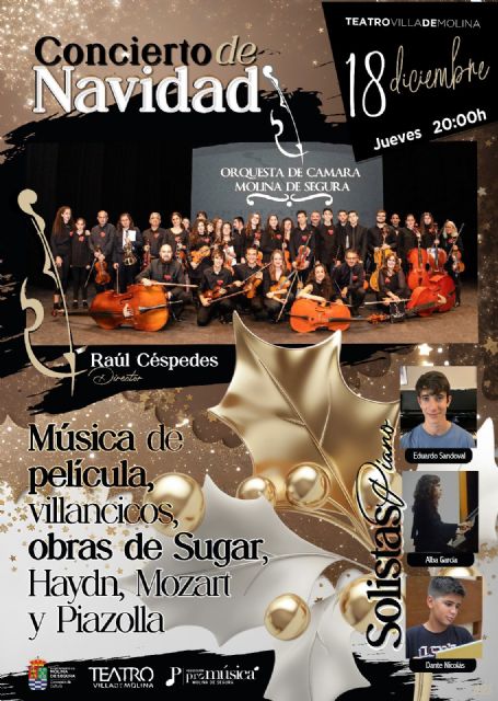 La Orquesta de Cámara de Molina de Segura, junto con tres solistas de piano, ofrecen un concierto de Navidad el jueves 18 de diciembre en el Teatro Villa de Molina