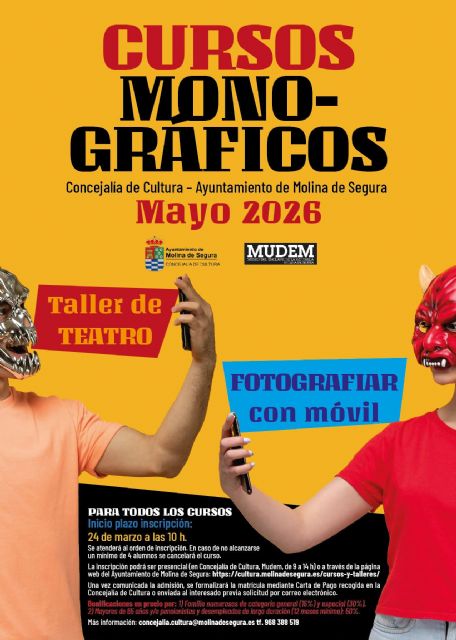 La Concejalía de Cultura de Molina de Segura convoca su programa de Cursos Monográficos para el mes de mayo de 2026