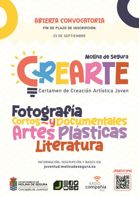El plazo de inscripción en las diferentes modalidades del Certamen de Creación Artística Joven CREARTE 2025 finaliza el martes 23 de septiembre