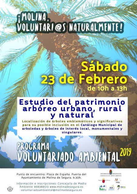 El Programa de Voluntariado Ambiental de Molina de Segura ¡Voluntari@s Naturalmente! colabora en el estudio del patrimonio arbóreo urbano, rural y natural el sábado 23 de febrero