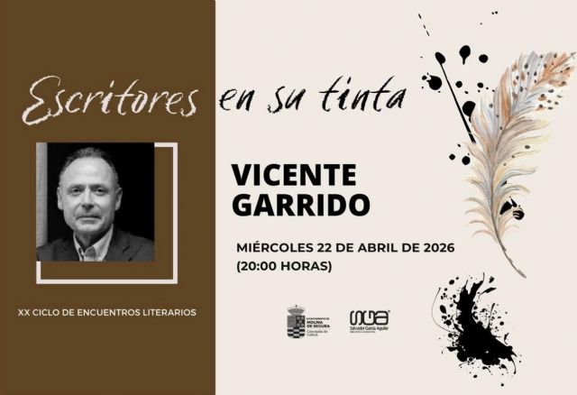Vicente Garrido protagoniza el Ciclo Escritores en su tinta 2026 de Molina de Segura el miércoles 22 de abril