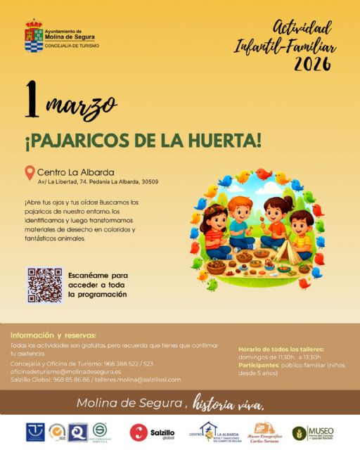 La Concejalía de Turismo organiza la actividad Pajaricos de la huerta en el Centro La Albarda el domingo 1 de marzo