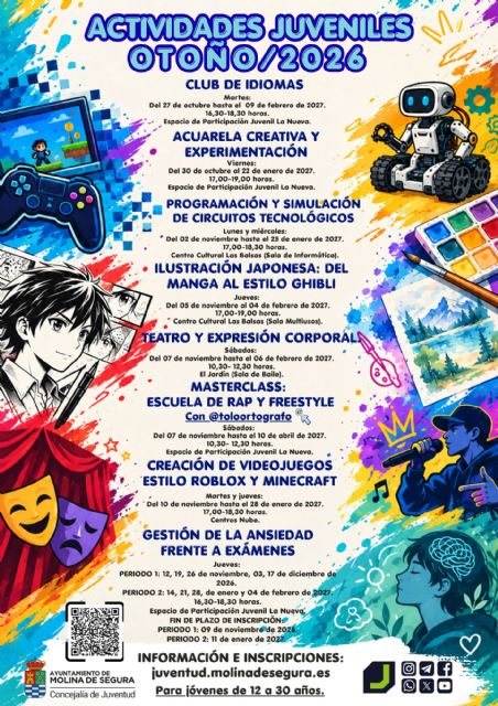 Club de idiomas, ilustración japonesa y masterclass de rap y freestyle, entre las novedades de las actividades juveniles de oto&ntilde;o en Molina de Segura