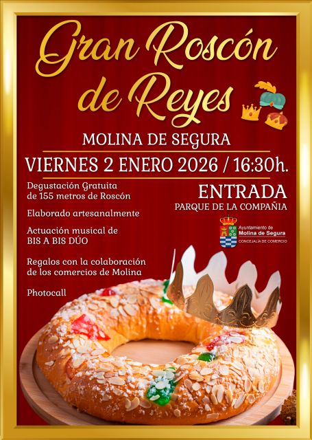 La Concejalía de Comercio del Ayuntamiento de Molina de Segura invita a degustar el gran Roscón de Reyes, de 155 metros de longitud, este viernes 2 de enero