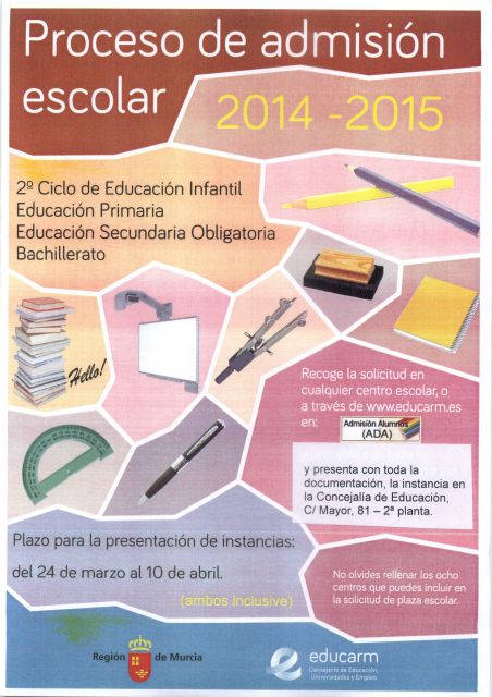 El Ayuntamiento de Molina de Segura pone en marcha el proceso de admisión escolar para el curso 2014/2015 del 24 de marzo al 10 de abril