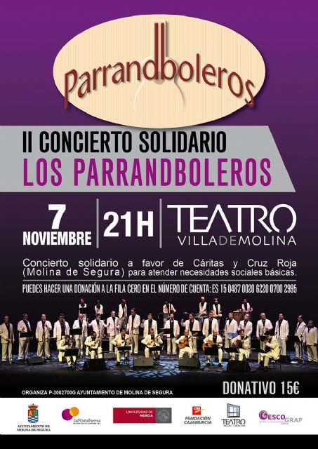 El Teatro Villa de Molina acoge el II Concierto Solidario de LOS PARRANDBOLEROS, a favor de Cáritas y Cruz Roja, el viernes 7 de noviembre