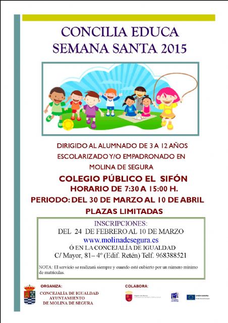 La Concejalía de Igualdad de Molina de Segura abre el plazo de inscripción en el Servicio Concilia Educa de Semana Santa para niños de 3 a 12 años a partir del martes 24 de febrero