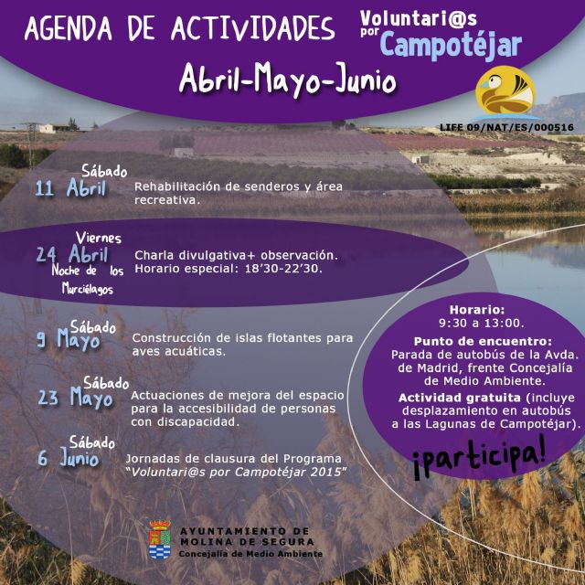 El Programa de Voluntariado Ambiental Voluntari@s por Campotéjar de Molina de Segura ofrece nuevas actividades para los meses de abril a junio