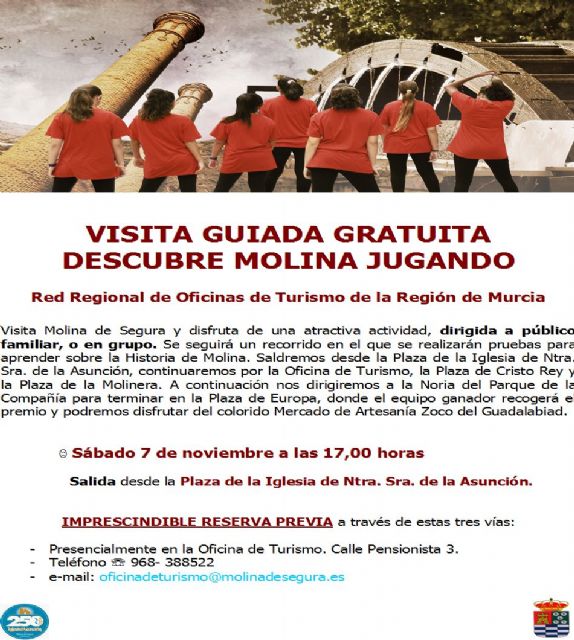La Concejalía de Turismo de Molina de Segura organiza la visita guiada gratuita DESCUBRE MOLINA JUGANDO el sábado 7 de noviembre