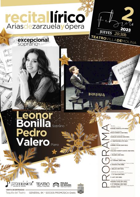 La soprano Leonor Bonilla y el pianista Pedro Valero ofrecen un RECITAL LÍRICO con arias de zarzuela y ópera en el Teatro Villa de Molina el jueves 2 de febrero