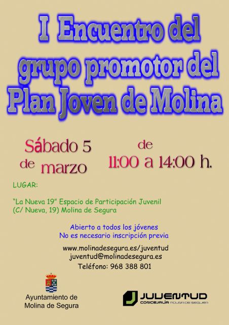 La Concejalía de Juventud de Molina de Segura organiza el I Encuentro del grupo promotor del Plan Joven de Molina el sábado 5 de marzo