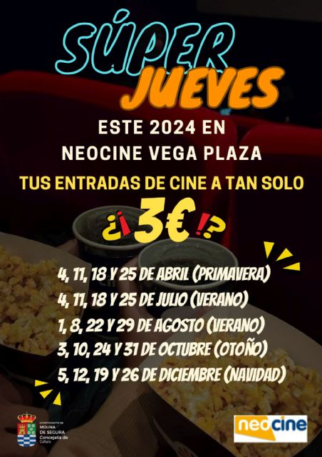 La Concejalía de Cultura y Neocine Vega Plaza inician el programa Los Súper Jueves de Cine con entradas a 3 euros a partir del día 4 de abril