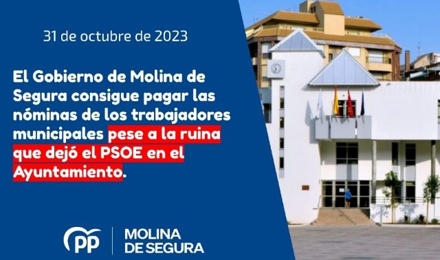 El Gobierno de Molina de Segura consigue pagar las nóminas de los trabajadores municipales pese a la ruina que dejó el PSOE en el Ayuntamiento