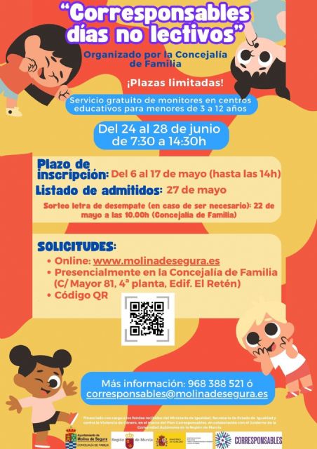 La Concejalía de Familia del Ayuntamiento de Molina de Segura abre el plazo de inscripción en el servicio Corresponsables de días no lectivos el lunes 6 de mayo