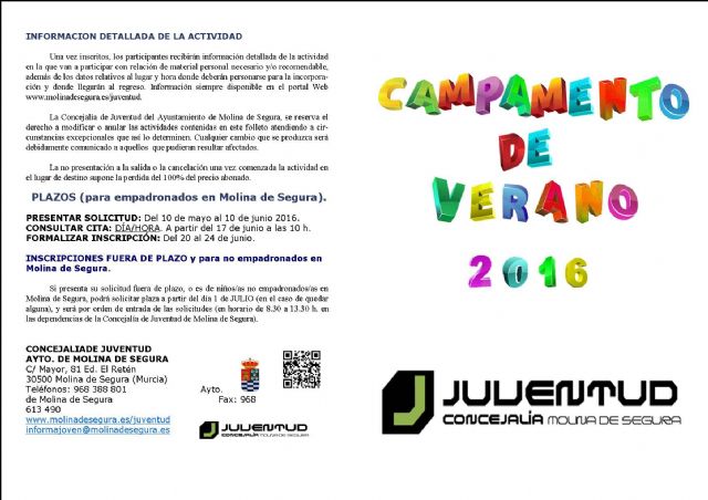 El Campamento de Verano 2016 de la Concejalía de Juventud de Molina de Segura ofrece 50 plazas para niños de 7 a 13 años
