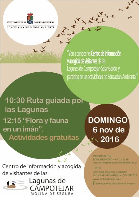 El Centro de Información y Acogida de Visitantes de Las Lagunas de Campotéjar de Molina de Segura ofrece nuevas actividades de educación ambiental el domingo 6 de noviembre