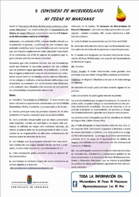 La Concejalía de Igualdad de Molina de Segura colabora en la convocatoria del II Certamen Literario de Microrrelatos Ni Peras Ni Manzanas contra la LGTBIfobia