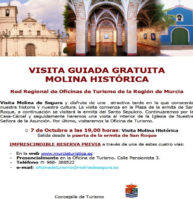 La Concejalía de Turismo de Molina de Segura organiza la visita guiada gratuita MOLINA HISTÓRICA el sábado 7 de octubre