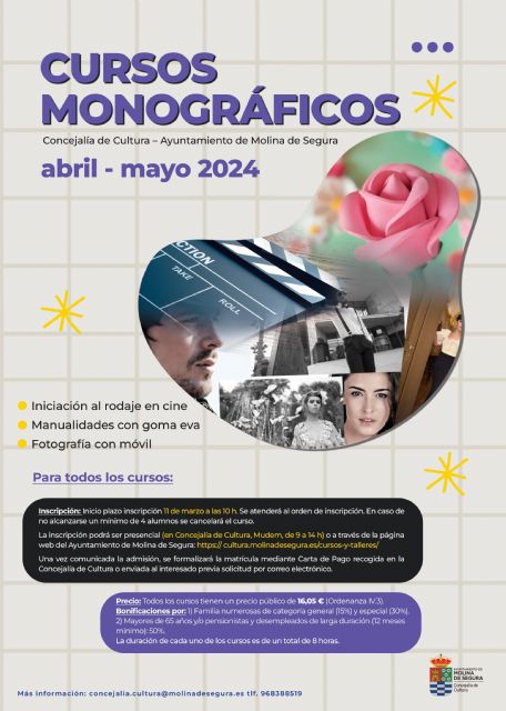 La Concejalía de Cultura de Molina de Segura organiza tres cursos monográficos esta primavera