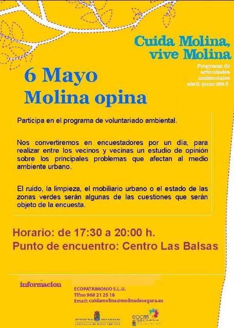 El Ayuntamiento de Molina de Segura desarrolla la actividad de voluntariado ambiental Molina Opina el viernes 6 de mayo